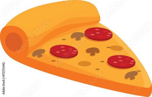 Cartoon illustration of a pizza slice with salami and mushroom toppings is making mouths water