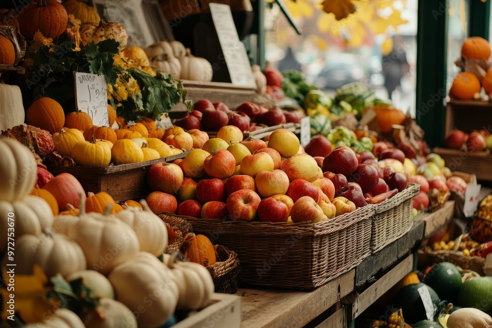 Harvest market stall overflowing with apples and pumpkins Harvest market stall overflowing with apples and pumpkins