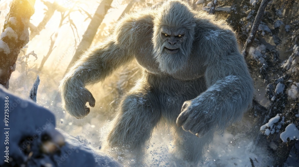 Fototapeta premium This is a neural network-generated art of a yeti in a winter forest.