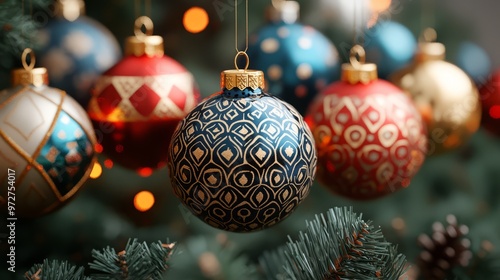 Geometric patterns on Christmas ornaments, with each bauble featuring intricate, symmetrical designs in festive colors. 4K hyperrealistic photo.