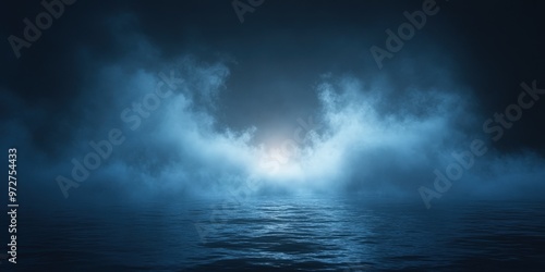 Dark ocean mist covering still water with moody atmospheric fog, creating a mysterious and surreal blue horizon in the distance, evoking feelings of solitude and tranquility 