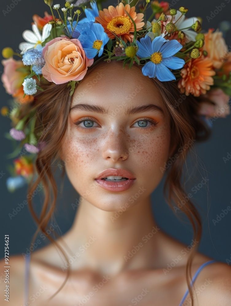 very beautiful woman with a bouquet of beautiful flowers on her head, portrait, black background very beautiful woman with a bouquet of beautiful flowers on her head, portrait, black background