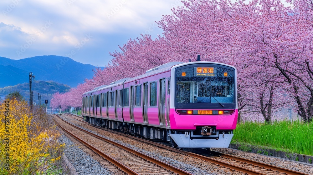 Naklejka premium Japan train in Yamakita Town, Kanagawa prefecture, under a sea of sakura cherry blossoms