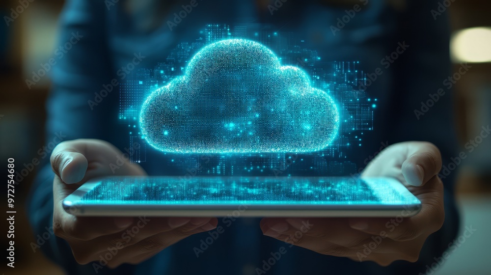 Hands holding a tablet with a holographic cloud computing concept, on a blurred office background, symbolizing data security Hands holding a tablet with a holographic cloud computing concept, on a blurred office background, symbolizing data security