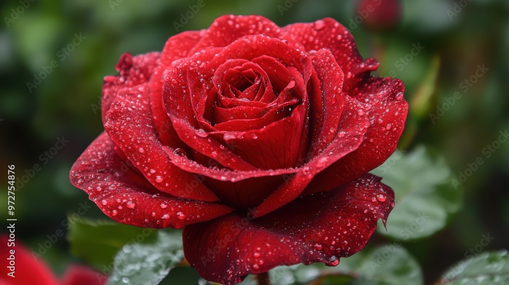 A stunning red rose with dewdrops gently resting on its velvety petals. A stunning red rose with dewdrops gently resting on its velvety petals.