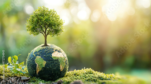 Green tree on globe, ecology friendly, World Environment Day, sustainable development concept, natural and vibrant