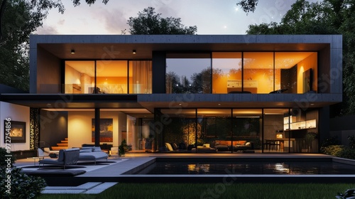 A modern living modular house at night. 3D illustration.