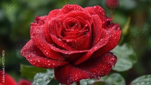 A stunning red rose with dewdrops gently resting on its velvety petals.