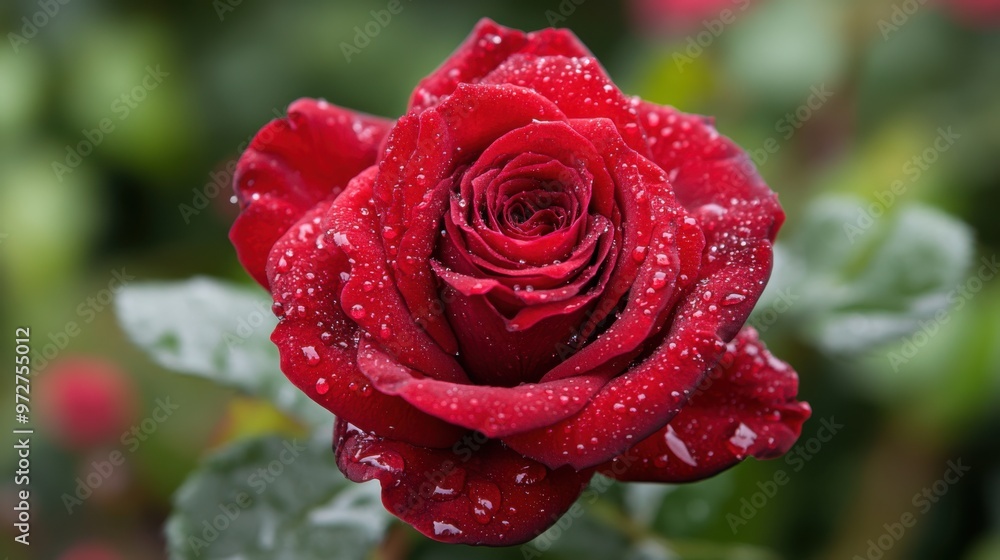 A stunning red rose with dewdrops gently resting on its velvety petals. A stunning red rose with dewdrops gently resting on its velvety petals.