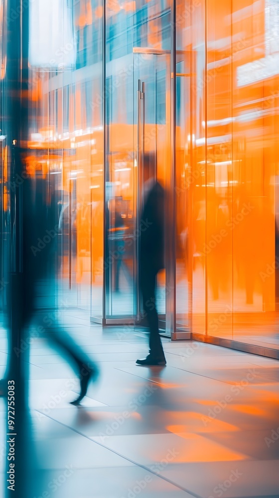 Bright, blurry background of people walking in front of glass doors, people blurred as they walk past the camera Bright, blurry background of people walking in front of glass doors, people blurred as they walk past the camera