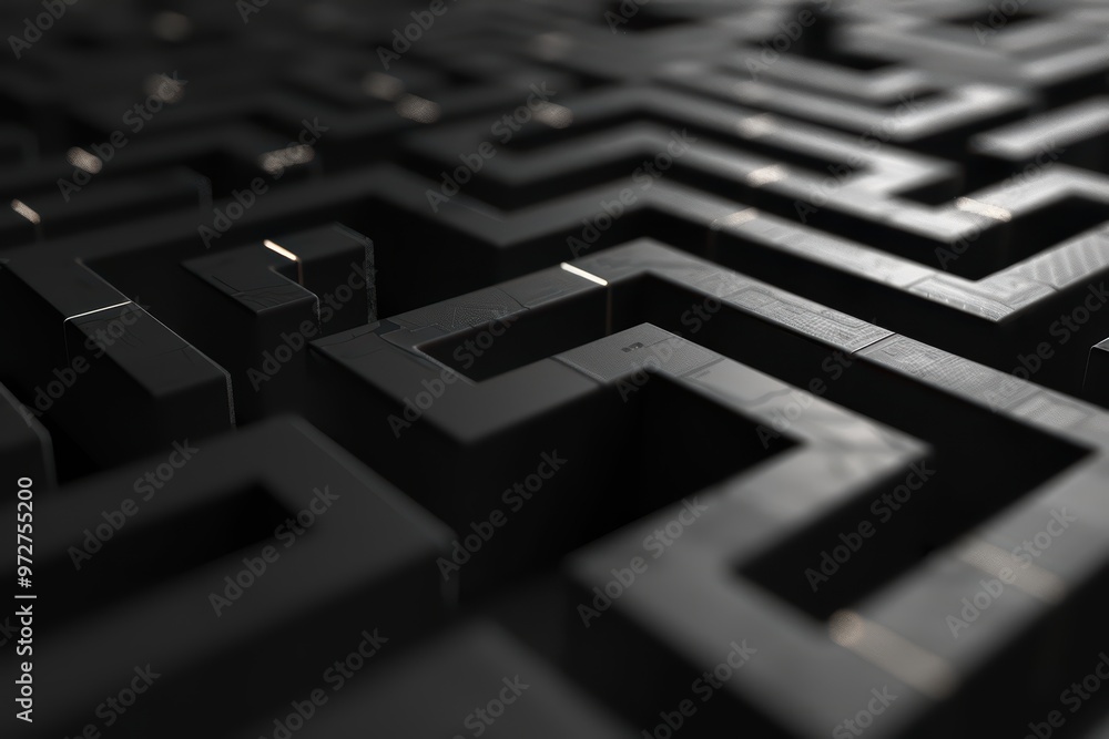 Intricate black maze pattern showcasing sharp angles and depth, perfect for design projects and backgrounds. Intricate black maze pattern showcasing sharp angles and depth, perfect for design projects and backgrounds.