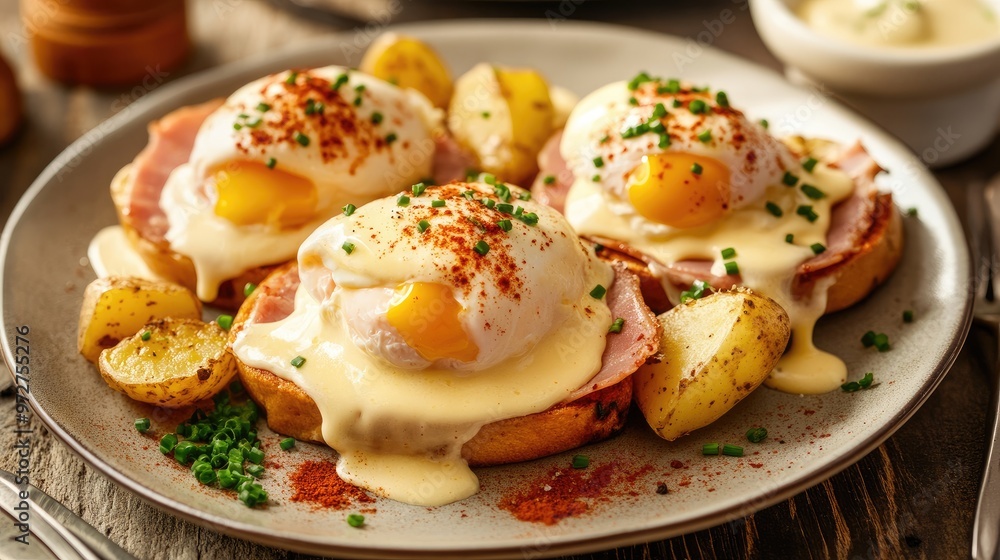 Classic eggs benedict served with creamy hollandaise sauce, poached eggs, ham, and sliced potatoes, garnished with paprika and chives. Classic eggs benedict served with creamy hollandaise sauce, poached eggs, ham, and sliced potatoes, garnished with paprika and chives.