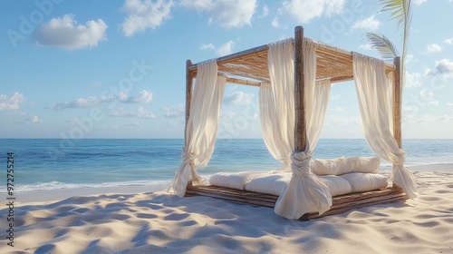 Luxurious beachside cabana with soft drapes blowing in the breeze, offering a perfect spot for relaxation under the sun. 4K hyperrealistic photo. photo