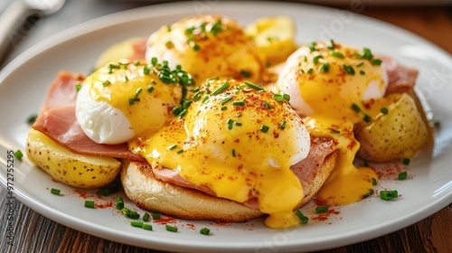 Classic eggs benedict served with creamy hollandaise sauce, poached eggs, ham, and sliced potatoes, garnished with paprika and chives.