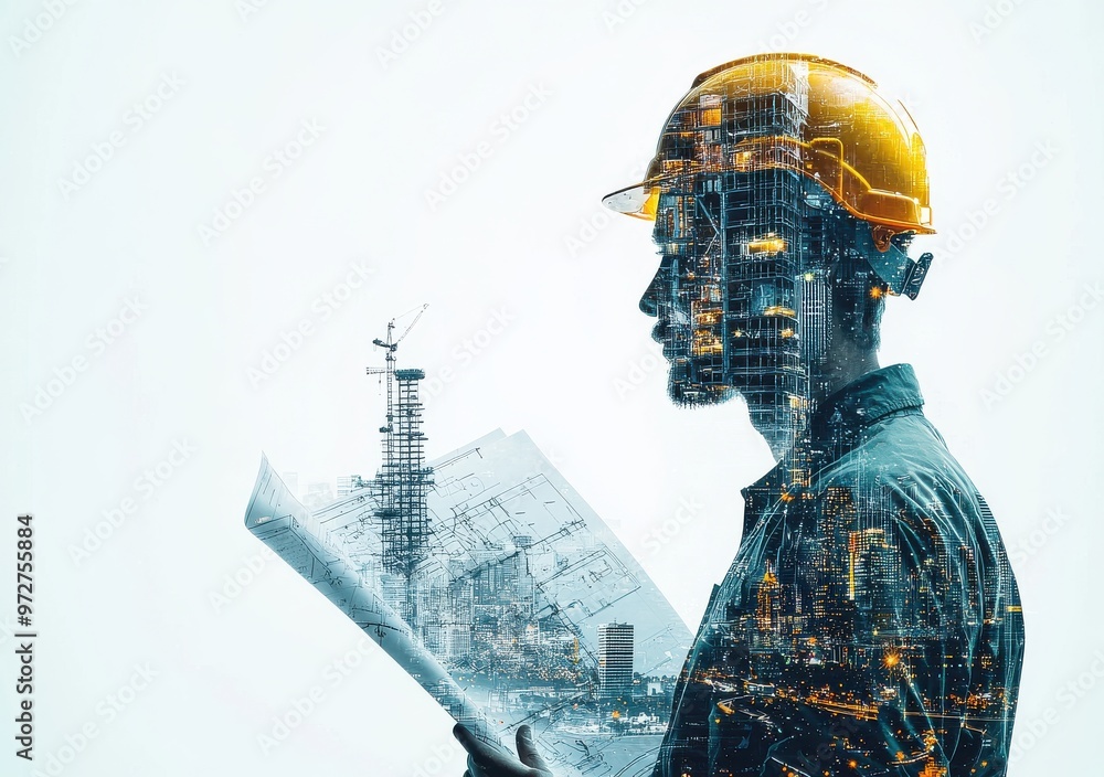 Double exposure of a construction engineer with urban skyline illustrating architectural vision and innovation Double exposure of a construction engineer with urban skyline illustrating architectural vision and innovation