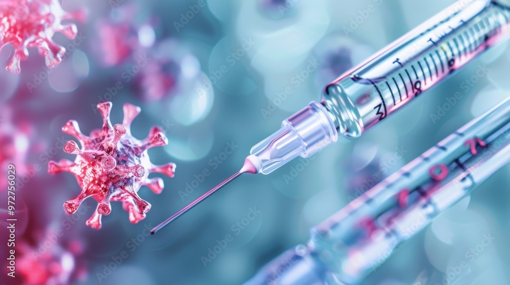 A close-up view of a vaccine syringe designed for COVID-19 alongside a virus particle, representing ongoing health efforts during 2023 A close-up view of a vaccine syringe designed for COVID-19 alongside a virus particle, representing ongoing health efforts during 2023