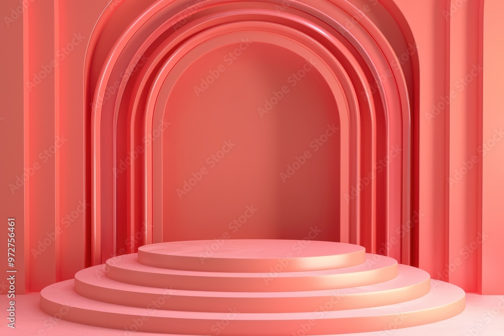 Stylish pink backdrop featuring elegant arches and a circular platform, perfect for modern presentations and artistic displays. Stylish pink backdrop featuring elegant arches and a circular platform, perfect for modern presentations and artistic displays.