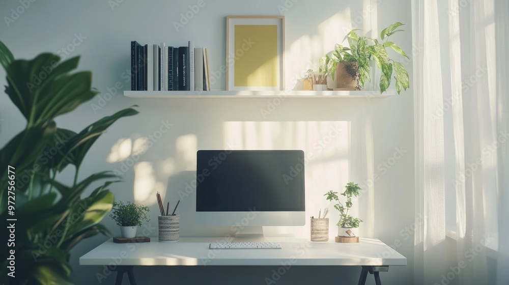 Fototapeta premium A floating shelf desk setup with integrated storage, placed against a bright wall in a tiny yet stylish apartment