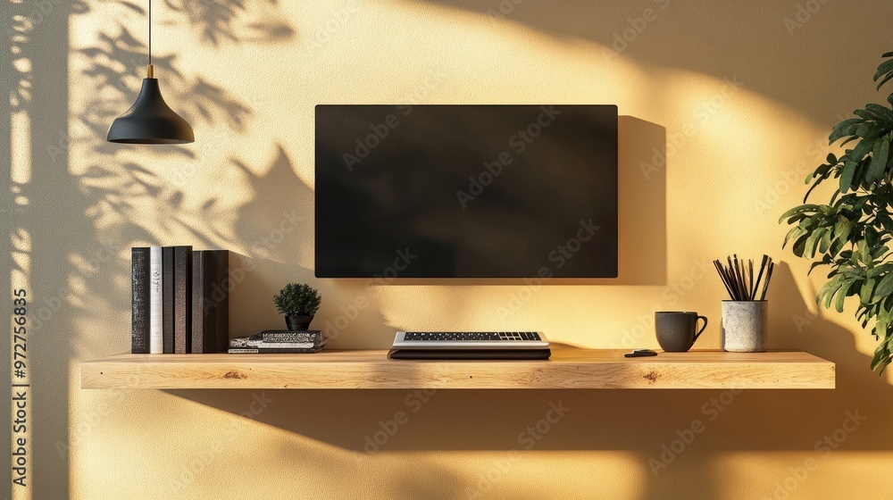 A floating shelf desk setup with integrated storage, placed against a bright wall in a tiny yet stylish apartment A floating shelf desk setup with integrated storage, placed against a bright wall in a tiny yet stylish apartment