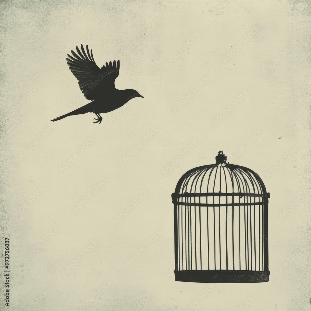 Fototapeta premium 13. A bird flying away from an empty birdcage, [freedom], [metaphor for loss]