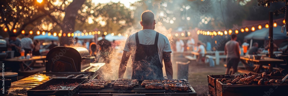 A chef working the grill amidst a gathering at sunset, with smoke rising and a backdrop of string lights, illustrating the communal joy of a barbecue party. A chef working the grill amidst a gathering at sunset, with smoke rising and a backdrop of string lights, illustrating the communal joy of a barbecue party.