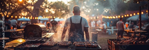 A chef working the grill amidst a gathering at sunset, with smoke rising and a backdrop of string lights, illustrating the communal joy of a barbecue party.