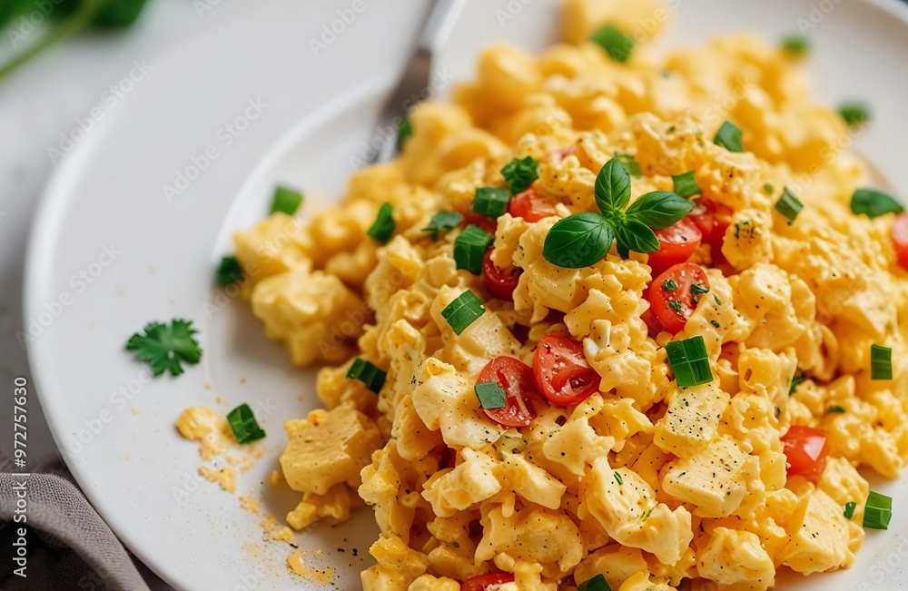 Vegan simple imperfect hand made belching egg scramble with tomatoes on a white table in a white plate Vegan simple imperfect hand made belching egg scramble with tomatoes on a white table in a white plate