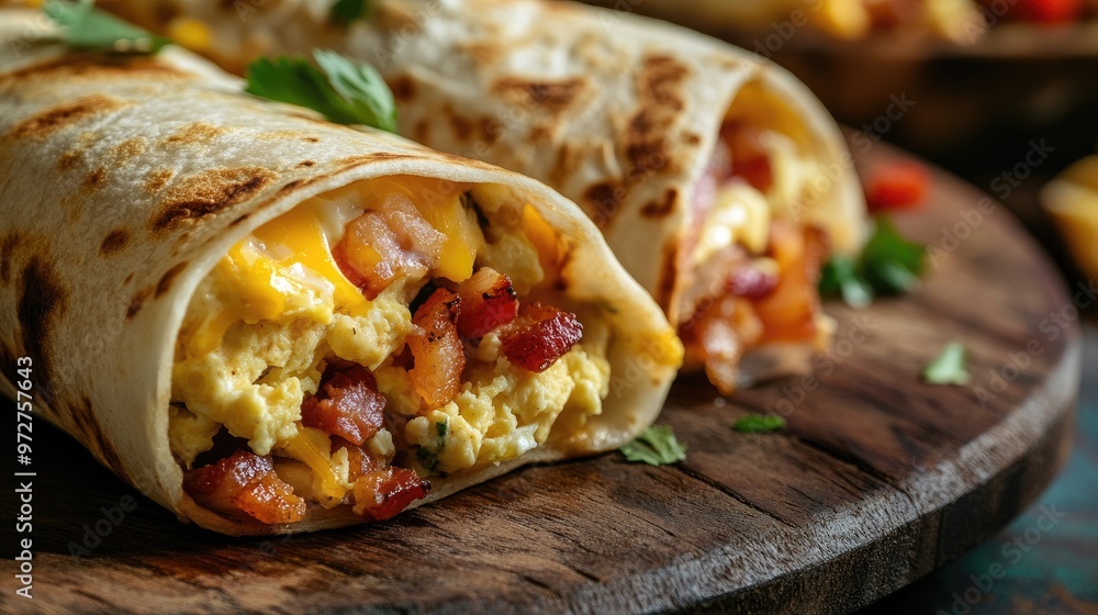 Close-up of breakfast burritos packed with scrambled eggs, bacon, and cheese, on a rustic wooden plate for a satisfying start to the day Close-up of breakfast burritos packed with scrambled eggs, bacon, and cheese, on a rustic wooden plate for a satisfying start to the day