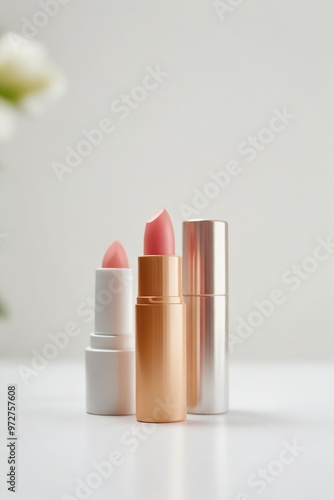 Scrub and balm in the form of lipstick. Delicate lip care. Simple minimalistic natural light photo. Flowers of white orchid in a frame. Isolated organic eco friendly pink cosmetic products. Cleansing.