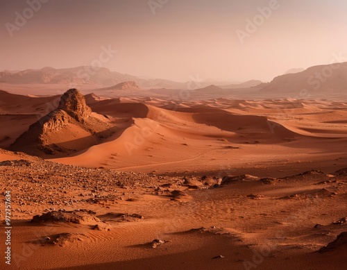 Martian landscape with a reddish-brown terrain, scattered rocks and pebbles, undulating sand dunes in the background under a hazy sky photo