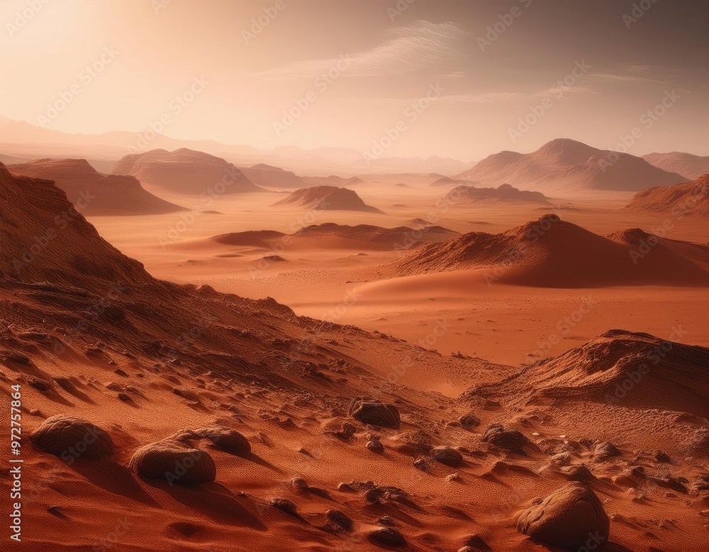 Naklejka premium Martian landscape with a reddish-brown terrain, scattered rocks and pebbles, undulating sand dunes in the background under a hazy sky