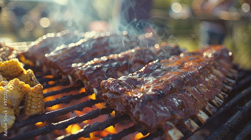 Succulent barbecue ribs and corn on the cob being grilled on a barbecue, emanating a mouthwatering aroma, perfect for a delightful outdoor meal. Succulent barbecue ribs and corn on the cob being grilled on a barbecue, emanating a mouthwatering aroma, perfect for a delightful outdoor meal.