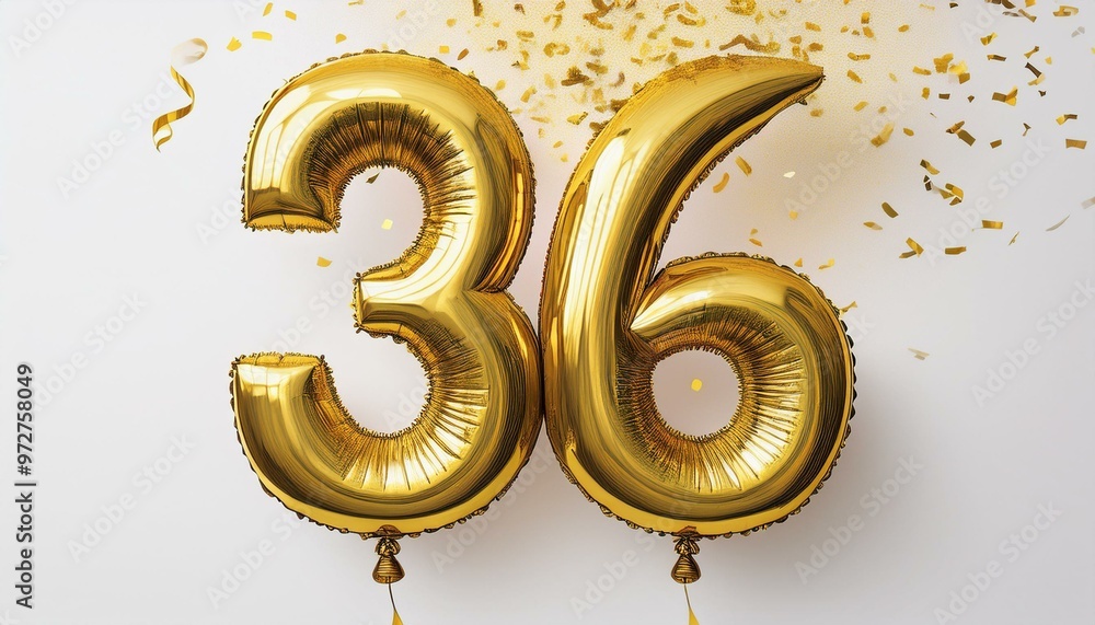 Gold birthday / anniversary balloon, number 36, white background with confetti Gold birthday / anniversary balloon, number 36, white background with confetti
