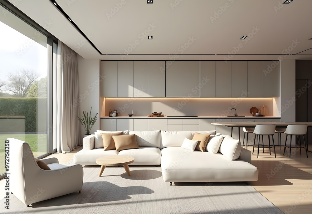 Modern Living Room with White Sectional Sofa, Wooden Coffee Table, and Large Windows Modern Living Room with White Sectional Sofa, Wooden Coffee Table, and Large Windows