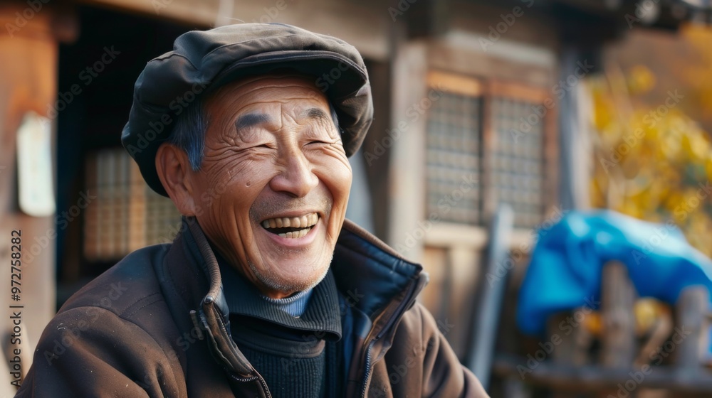 Smiling elderly man outdoors near wooden house on a sunny day enjoying a moment of joy and relaxation in rural surroundings