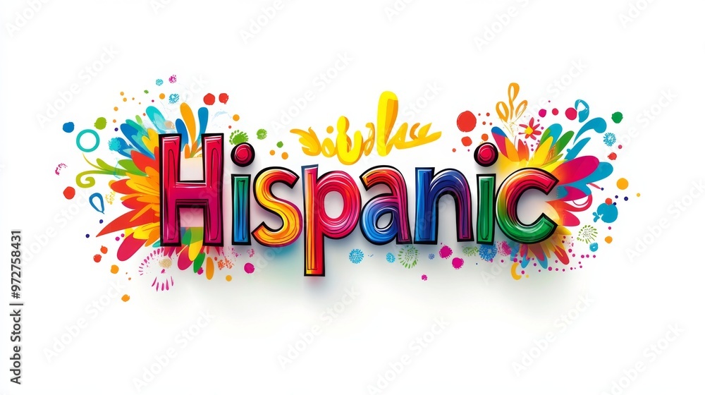 Colorful Hispanic text displayed with vibrant splashes of color on a white background celebrating cultural diversity and unity Colorful Hispanic text displayed with vibrant splashes of color on a white background celebrating cultural diversity and unity
