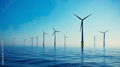 Offshore wind power farm with many wind turbines on the ocean, clear blue sky, renewable energy concept, serene and expansive view