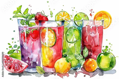 Obraz Vibrant watercolor illustration of refreshing fruit drinks with mint and citrus garnishes, perfect for summer themes.