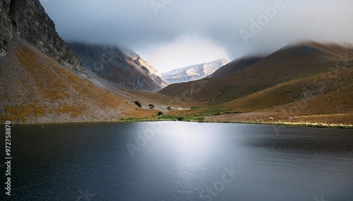 a beautiful lake with moutains photo