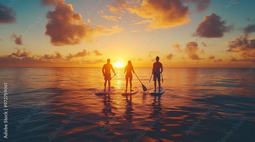 Fototapeta premium Couple enjoying a peaceful sunset paddleboarding session in calm tropical waters, surrounded by natural beauty. 4K hyperrealistic photo.