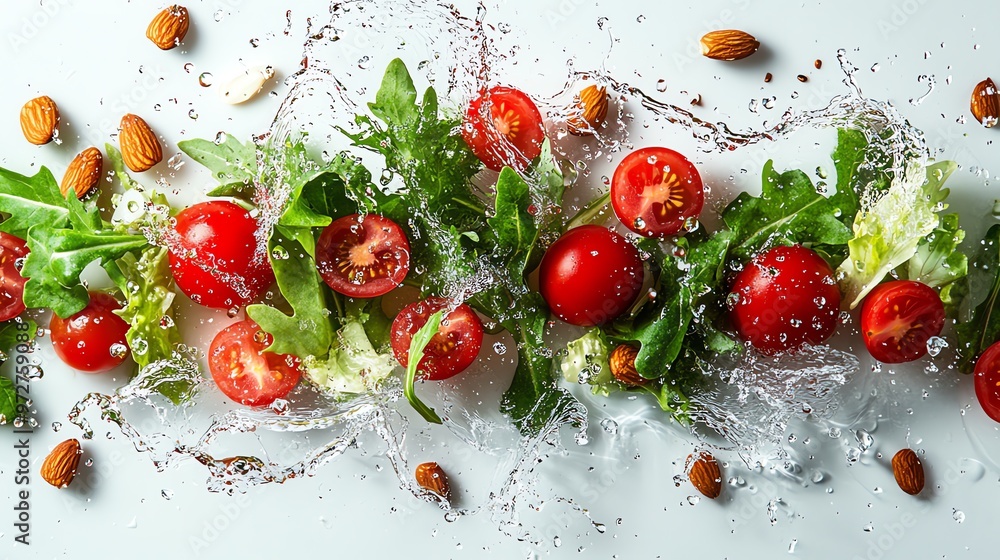 Fresh cherry tomatoes, green lettuce, and almonds splashed with water on a white background. Fresh cherry tomatoes, green lettuce, and almonds splashed with water on a white background.