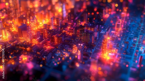 Heatmap of a city's nightlife, with warm colors indicating the most active clubs and bars and cooler tones in the quieter, surrounding streets. 4K hyperrealistic photo.