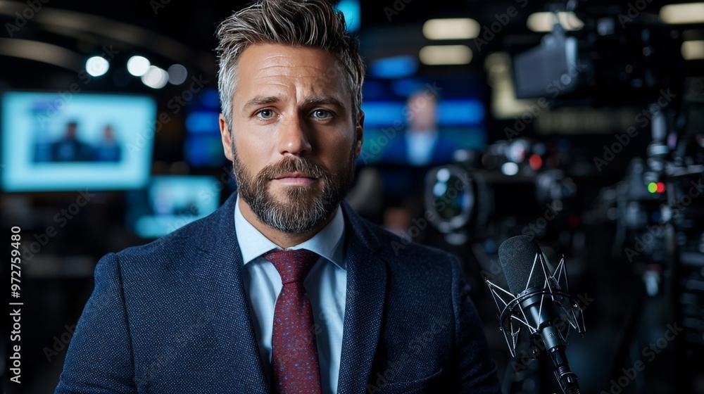 News reporter in a studio, delivering news at the news desk, Ultra HD, 8K, studio lighting and TV screens in the background, detailed microphone and script News reporter in a studio, delivering news at the news desk, Ultra HD, 8K, studio lighting and TV screens in the background, detailed microphone and script