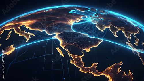 Social network on earth with blue light and blue background