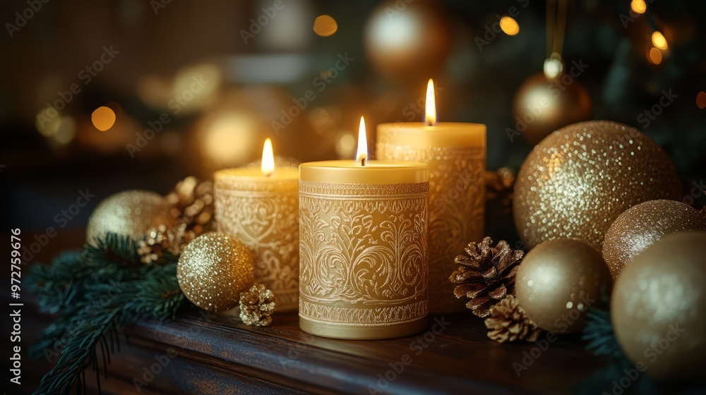 Golden Christmas candles with intricate designs, burning softly on a mantelpiece surrounded by gold-themed decorations. 4K hyperrealistic photo. Golden Christmas candles with intricate designs, burning softly on a mantelpiece surrounded by gold-themed decorations. 4K hyperrealistic photo.