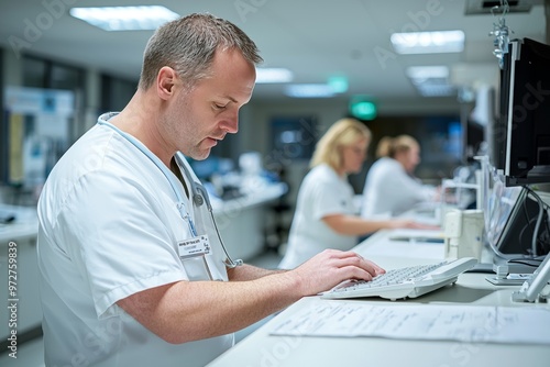 Hospital staff, nurses and doctors collaborating at the front desk, sharp image 4K, HDR, bright fluorescent lighting, medical equipment in the background