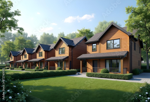 Row of Modern Wooden Houses with Front Porches