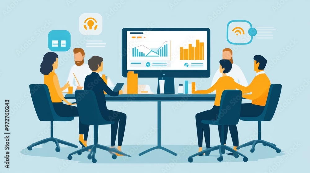 Business Meeting with Data Analysis and Presentation on Large Screen Business Meeting with Data Analysis and Presentation on Large Screen