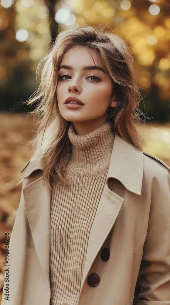 portrait of european woman in a beige sweater with beige trench coat, trendy, near fallen leaves, autumn park portrait of european woman in a beige sweater with beige trench coat, trendy, near fallen leaves, autumn park