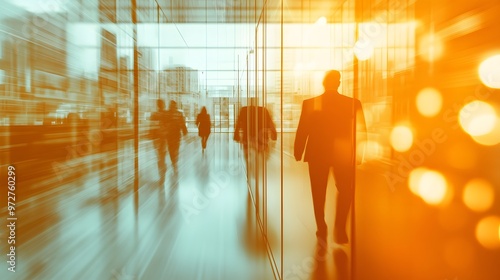 Bright, blurry background of people walking in front of glass doors, people blurred as they walk past the camera
